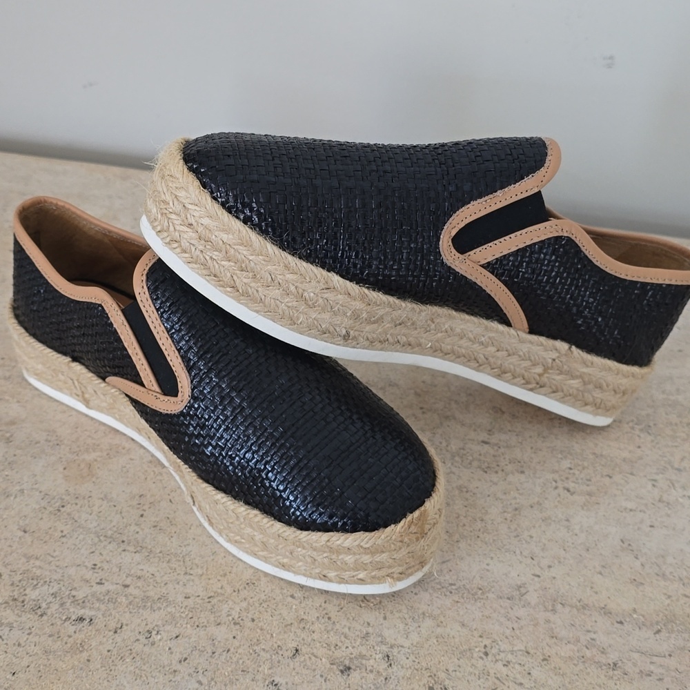 Matt Bernson Womens Black Woven Espadrille Slip-On with Tan Trim